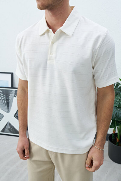 duo fideles Men's Horizontal Striped Textured Polo Collar Short Sleeve White ...