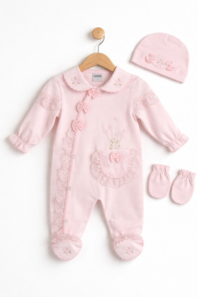 Kardeşler Bebe Lace Flower Embroidered Baby Girl Jumpsuit Beanie Gloves Set