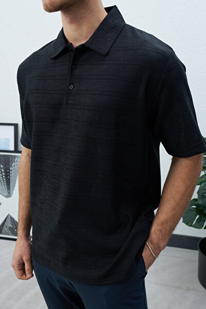 duo fideles Men's Horizontal Striped Textured Polo Collar Short Sleeve Black ...