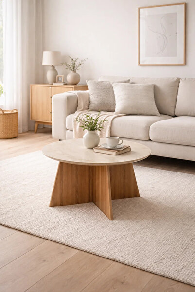 MARIA HOMES Round Coffee Table Marble Top with Brown Wooden Legs 90 x 45 cm