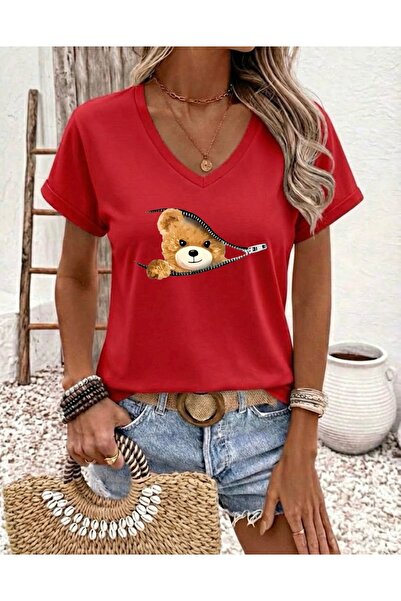 FUFLUNS تي شيرت نسائي كبير الحجم بياقة على شكل حرف V مطبوع عليه دب من FERMUAR