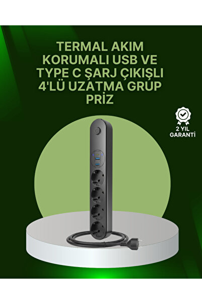 OEM 4 Priz 2 USB 1 Type-C Akım Korumalı Çoklu Priz Led Anahtarlı