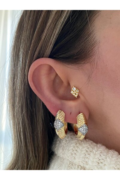 Pinery Jewels Çift Renk Zirkon Taşlı Küpe Çifti