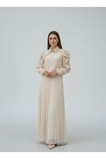 Rabiossa Women's Collar Beaded Embroidered Shirt with Rose Accessories