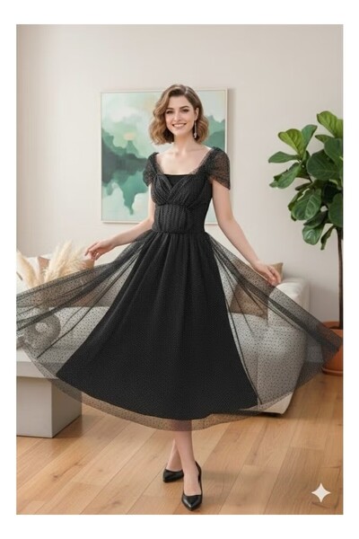 FULLJOY Black polka dot midi evening dress with an elegant sheer design and o...