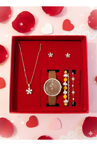 BURUCRAFT Kadın Kol Saati, İki adet Bileklik, Kolye ve Küpe (Papatya konsepti...