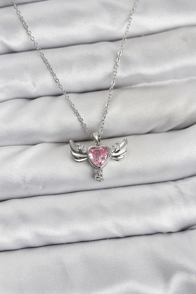 lowell home 316L Steel Chain Silver Color Winged Heart Model Zircon Stone Wom...