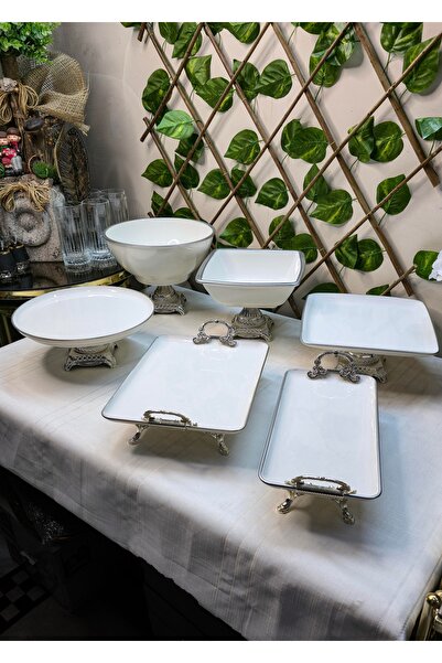 SEÇKİNEV Pera Koleksiyonu 6 Parça Porselen Gümüş Döküm Ayaklı Sunum Tabağı Set