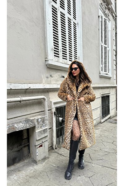 Butik Leopar kapüşonlu peluş kaban