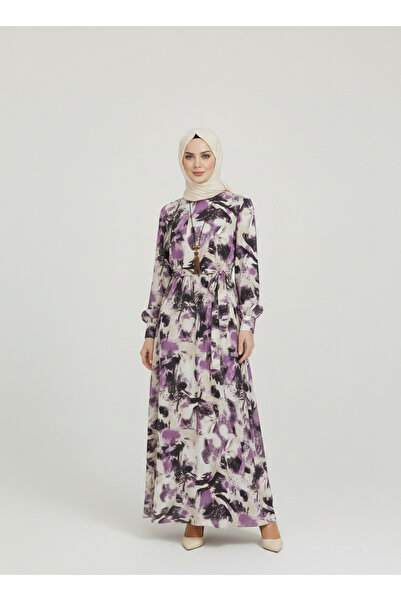Store Modern Art Desenli Kuşaklı Şifon Tesettür Elbise