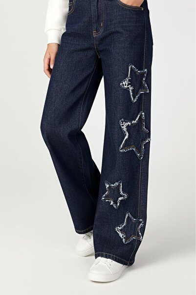 Magu Girl's Cotton Navy Blue Star Appliqué Denim Trousers