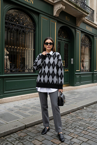 Ulino Argyle Baklava Desen Şardonlu Triko Kazak