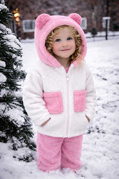 BEBEĞİME ÇORAP Girl's Hooded Plush Cardigan