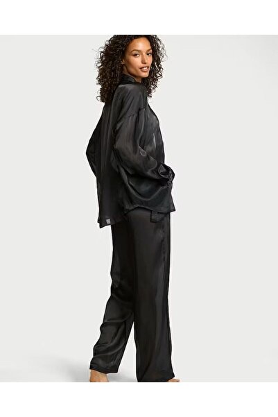 Victoria's Secret Set de pijama lung din satin transparent cu nasturi frontali, mărimea L normală, negru