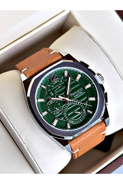 Ferrucci Functional Tan-Green Color Leather Cord Men's Wristwatch
