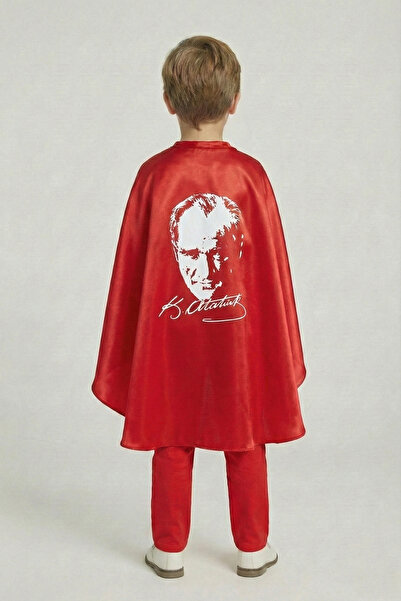 nacar çarşı Çocuk Atatürk İmzalı ve Silüetli Kırmızı Saten Pelerin - 23 Nisan...
