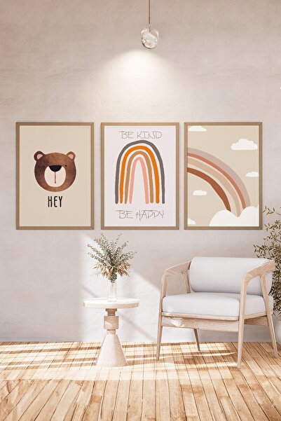 acargrafik Çocuk Odası 3'lü Doğal Ahşap Çerçeveli Tablo