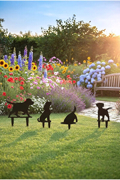 novacraft Köpek Bahçe Süsü Premium Metal 4' Lü Set - Lazer Kesim Dekoratif Çi...