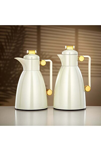 Almarjan Vacuum Flask Set 0.7 L & 1 L Pearl White & Gold