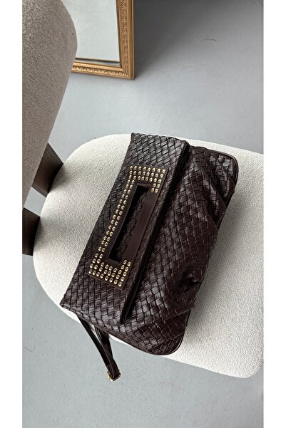 Eataly Shoes Quiet Rouge Light Brown Knitted Leather Clutch Bag