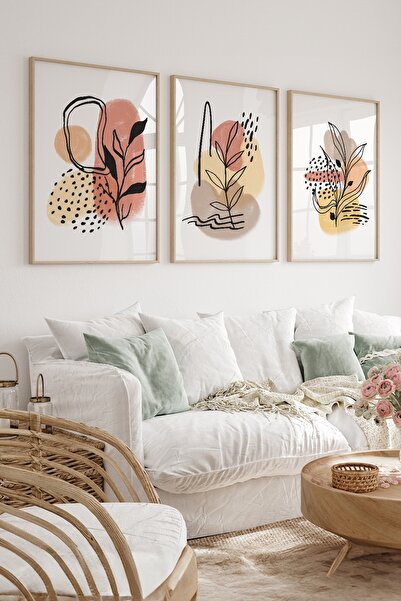 acargrafik Dekoratif Çiçek Tasarımlı 3'lü Doğal Ahşap Çerçeveli Tablo