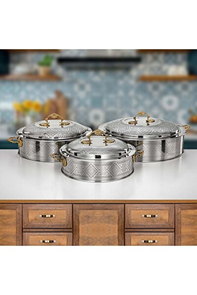 Almarjan طقم أواني طهي ساخنة من 3 قطع، فضي وذهبي - مجموعة أريج