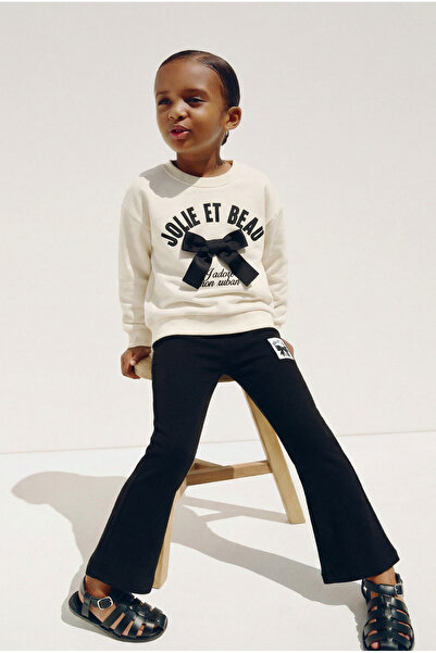 Magu Girl's Cotton Ecru Bow Detailed Sweatshirt and Black Flared Leggings Set