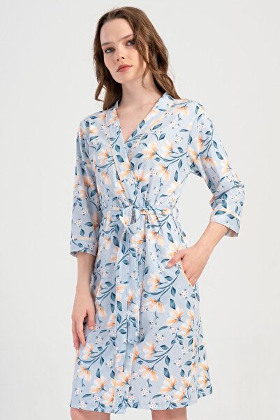 VİENETTA Women's Plus Size Floral Patterned Pocket Capri Sleeve Blue Dressing...