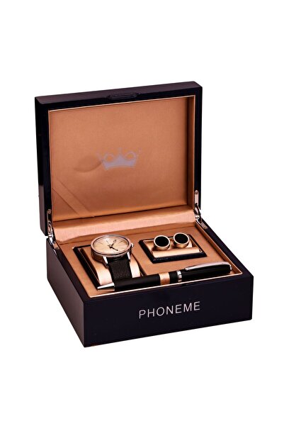 phoneme طقم فونيم ساعة جلد رجالي أسود فضي
