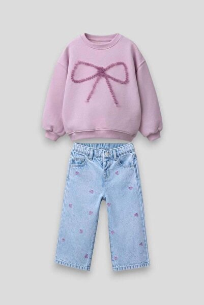 Magu Girl's Cotton Pink Bow Embroidered Sweatshirt and Patterned Jean Pants Set