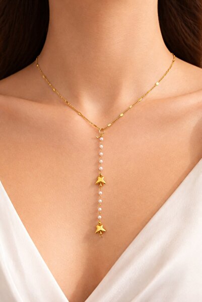 X-Lady Accessories Altın Renk Ezme Zincir Kelebek İnci Ye Model Çelik Kolye -...