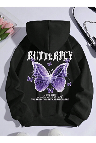 Marco Fresco Унисекс пурпурна блуза с качулка и принт на пеперуди