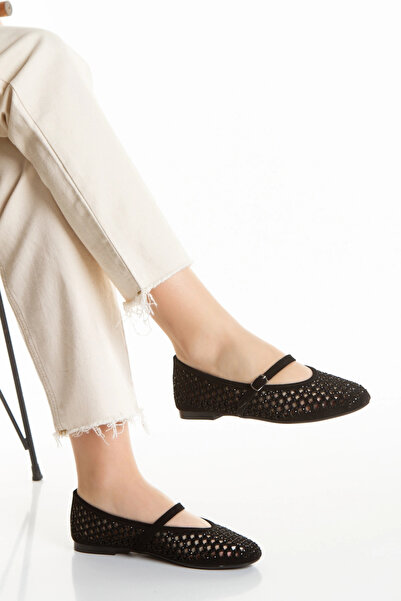 Miss Mitto Women's Black Stylish Patterned Flat Heeled Comfortable Ballerina ...