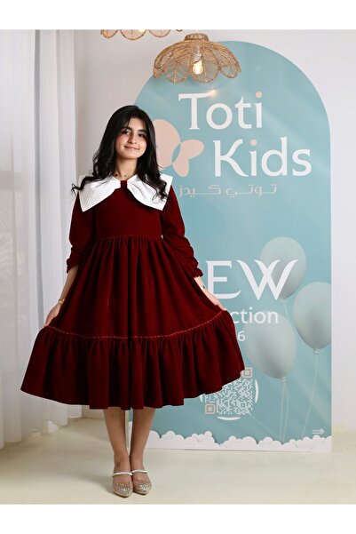 Totikids Girls' velvet dress with a white collar and ruffles | Classic winter...