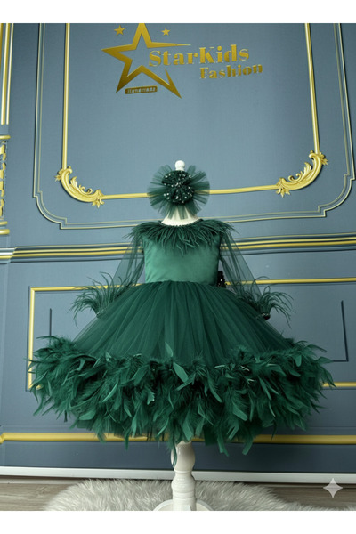 Star Kids Girl's Otriş Emerald Green Dress, Girl's Party Dress, Crown Included