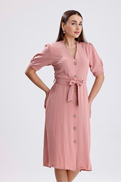 VELİZADE قميص نسائي بودرة اللون بياقة على شكل حرف V وأزرار، فستان متوسط الطول...