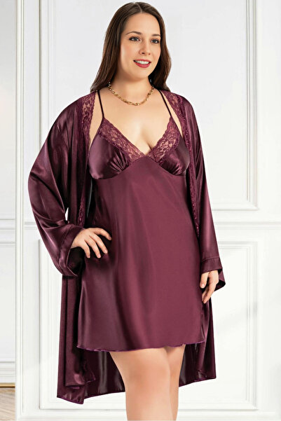 Homay 2'li Büyük Beden Dantel Kenarlıklı Derin Yaka Saten Gecelik ve Sabahlık...