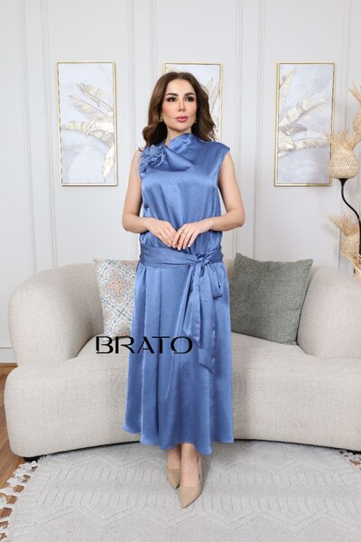 BRATO Soft sky blue satin dress with a rose