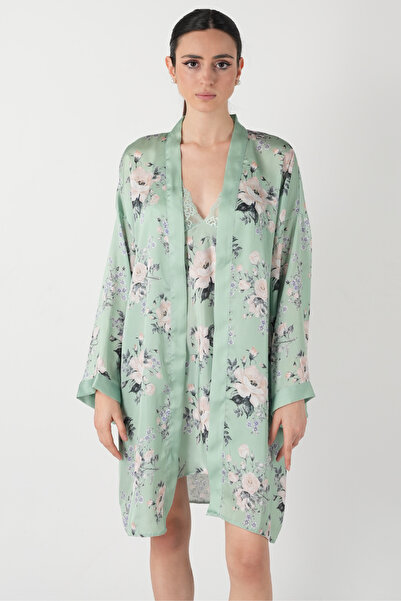 Homay 4’lü Floral Desenli Saten Gecelik & Şortlu Sabahlık Takım