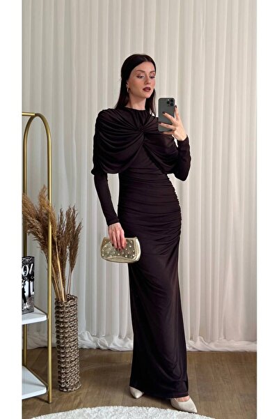İZYA Draped Double-Breasted Long Evening Dress