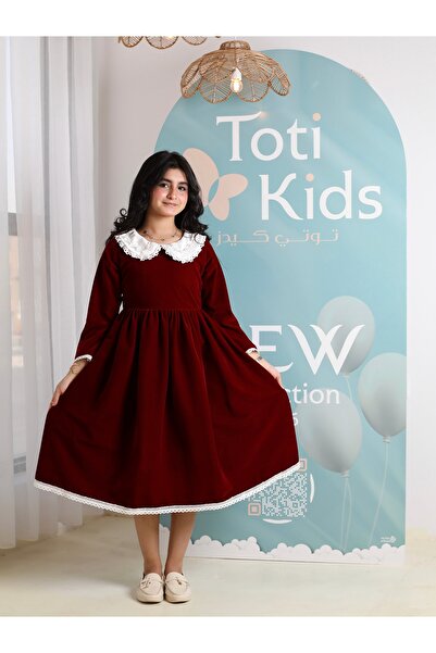 Totikids Girls' velvet dress with a collar and lace trim | Classic winter dre...