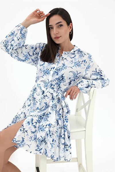 VELİZADE Mock Neck Shirt Model Long Sleeves Belt Detailed Viscose Mini Dress ...