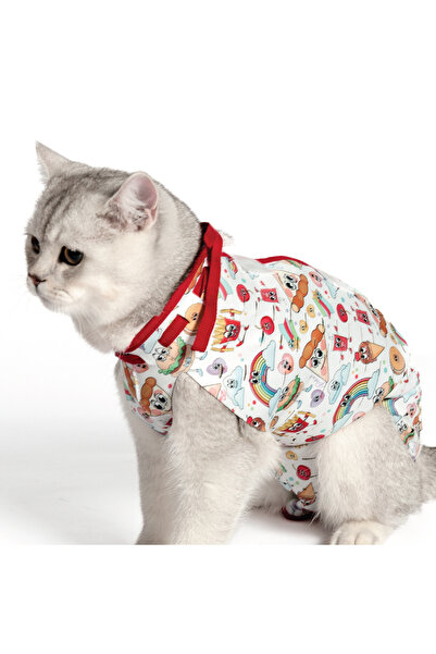 FeyzaDesign Renkli Desenli Kedi/Köpek Yara Koruyucu Tulum, Ameliyat Sonrası K...