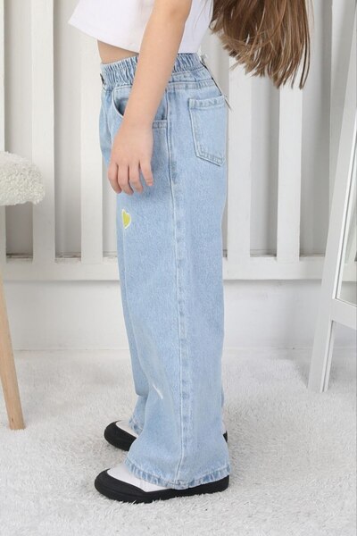 Moonch Girl's Heart Embroidered Wide Leg Jeans - Light Blue Wide Leg Jeans