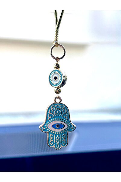 Azrua Gilded Light Blue Hand of Fatima Metal Car Mirror Ornament Car Charm Ba...
