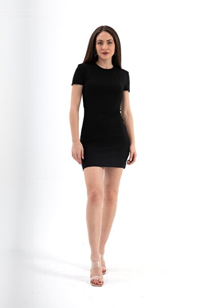 VELİZADE Γυναικείο μαύρο μίνι φόρεμα από βισκόζη με λαιμόκοψη ποδηλάτου και ε...