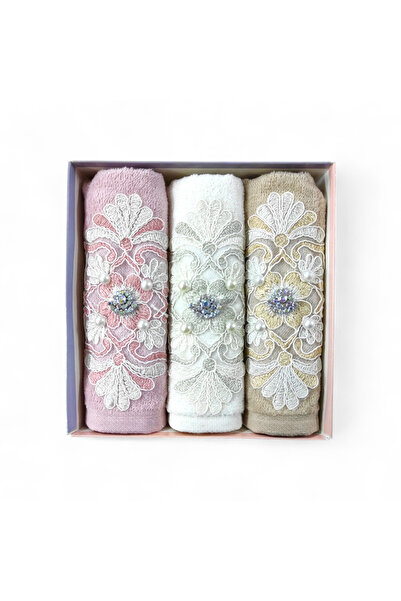 MORRİVAL 30X50 Velvet 3-Piece Boxed Kitchen Towel with Lace and Stone