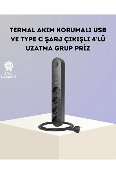 shopwave Akım Korumalı Çoklu Priz 4’lü 2 USB 1 Type-C 2500W Güçlü Tasarım
