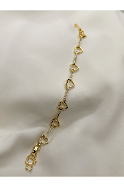 Home Zarif Zirkon Taşlı Kalp Model Kadın Bileklik | 14K Çelik Üzeri Çift Altı...