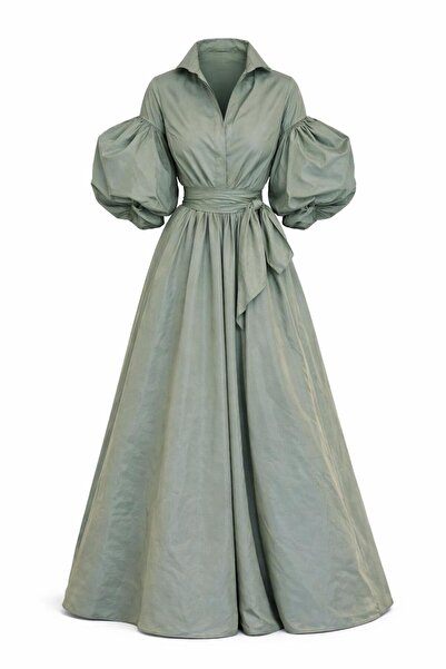 MERT ERKAN Balon Kol Detaylı Maxi Tafta Şık Davet Elbisesi